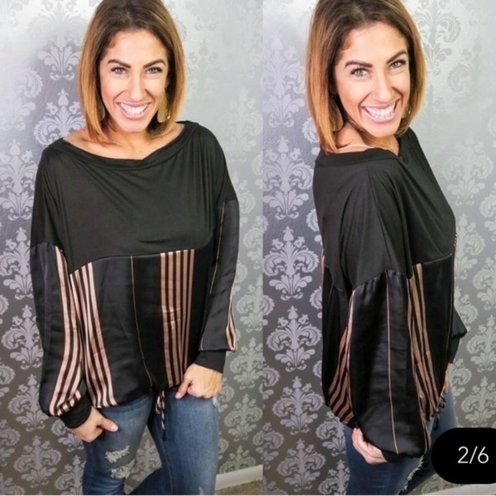 Black and Copper Bubble Sleeve Drawstring Top